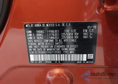 2019 Honda Hr-V Sport z USA, uszkodzony, nr VIN 3CZRU6H11KG713560